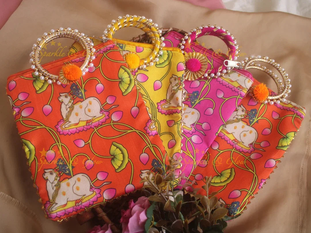 Pichwai 8.5*8 inch rectangle bags round handle - Sparkle and Glow