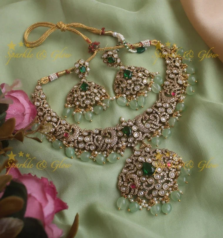 Beautiful Peacock Victorian AD necklace with pearls and mint green beads - Green - Sparkle and Glow