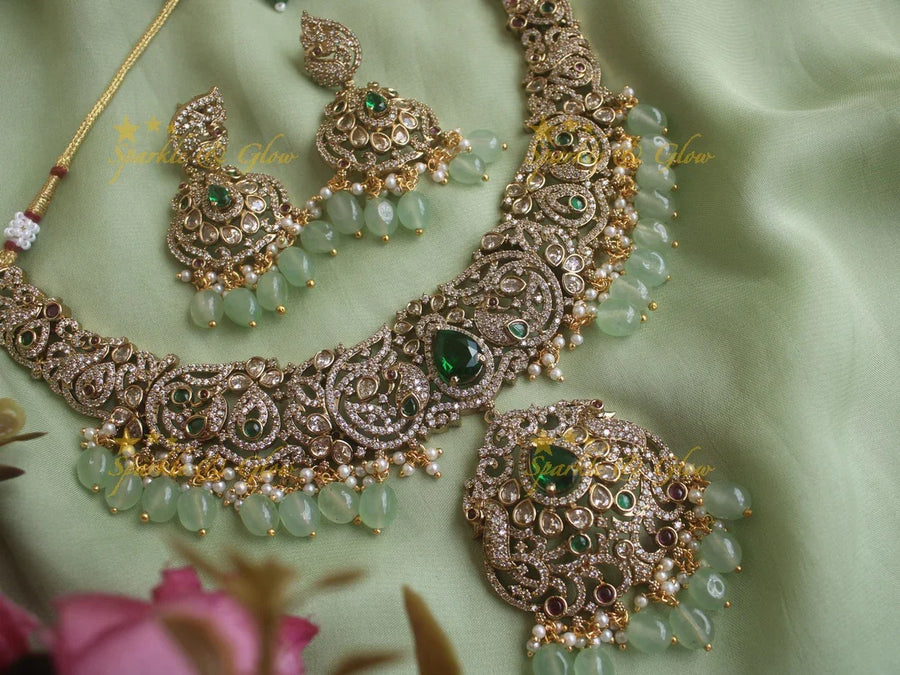 Stunning Peacock Victorian AD necklace with pearls and mint green beads - Green - Sparkle and Glow