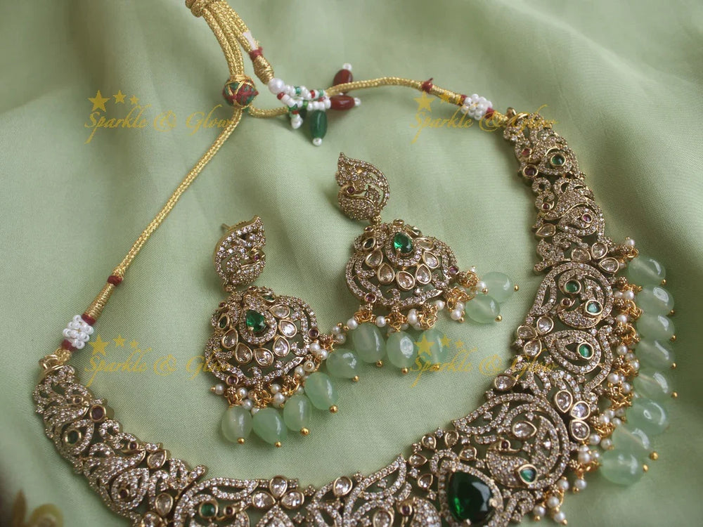 Stunning Peacock Victorian AD necklace with pearls and mint green beads - Green - Sparkle and Glow