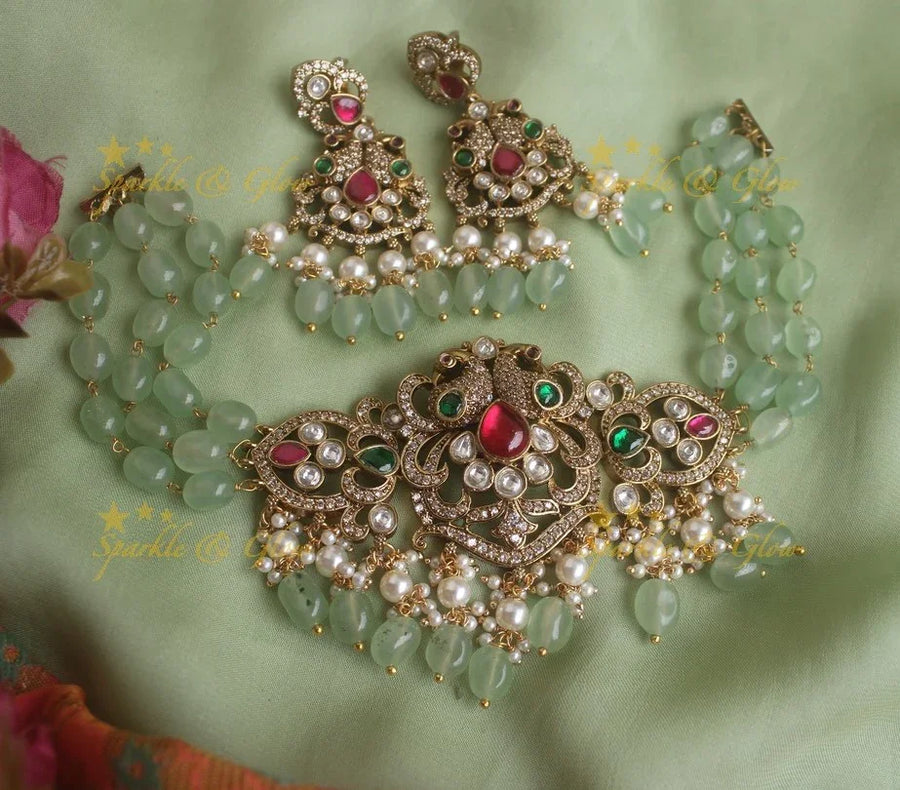 Elegant Peacock Victorian AD choker with pearls and mint green beads - Sparkle and Glow