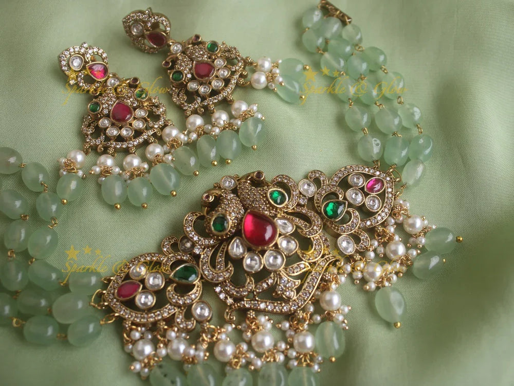 Elegant Peacock Victorian AD choker with pearls and mint green beads - Sparkle and Glow