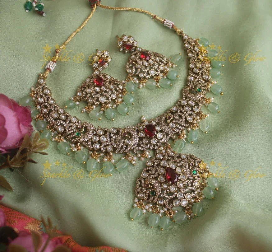 Beautiful Peacock Victorian AD necklace with pearls and mint green beads - Green - Sparkle and Glow