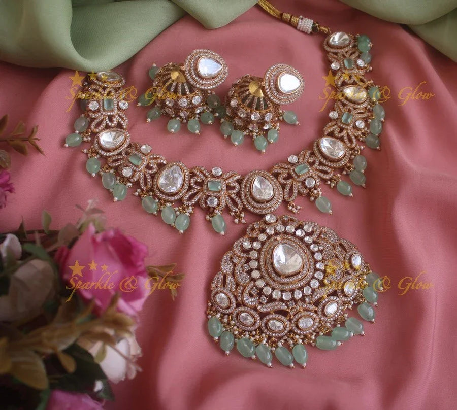 Statement Victorian AD necklace with grand pendent and mint green beads - Sparkle and Glow