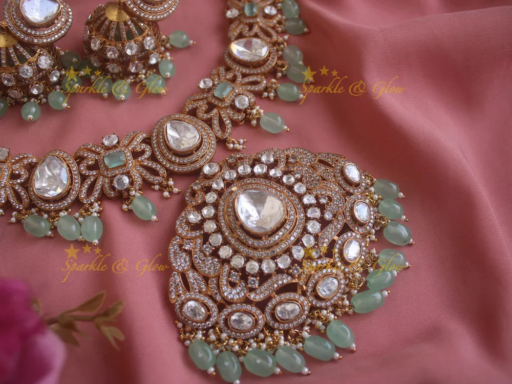 Statement Victorian AD necklace with grand pendent and mint green beads - Sparkle and Glow