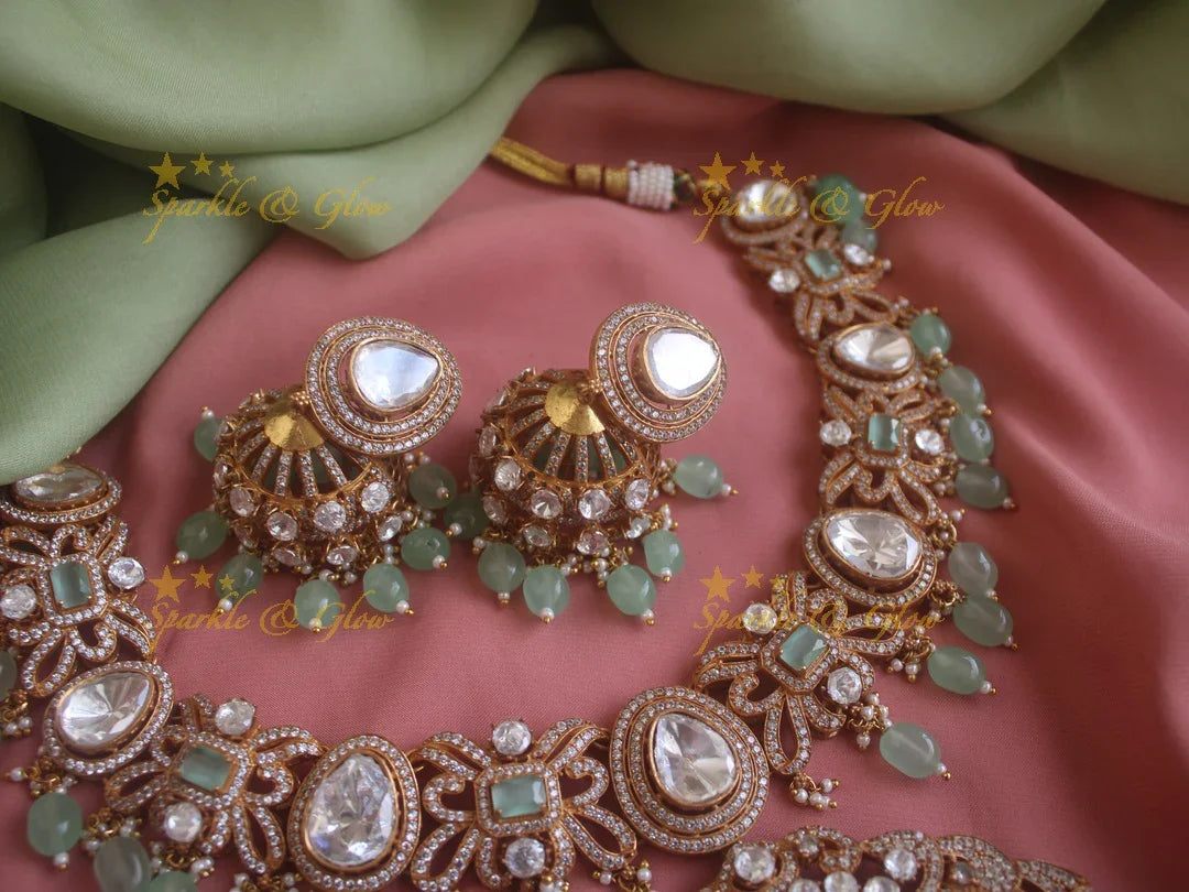 Statement Victorian AD necklace with grand pendent and mint green beads - Sparkle and Glow