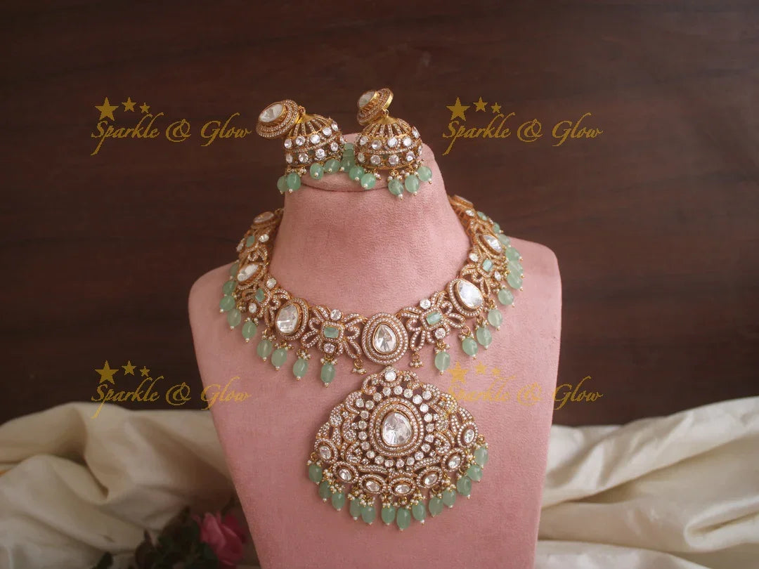 Statement Victorian AD necklace with grand pendent and mint green beads - Sparkle and Glow