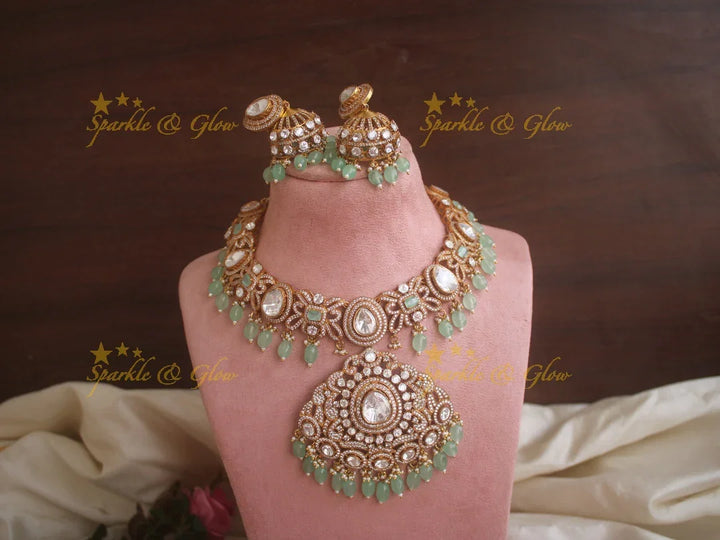 Statement Victorian AD necklace with grand pendent and mint green beads - Sparkle and Glow