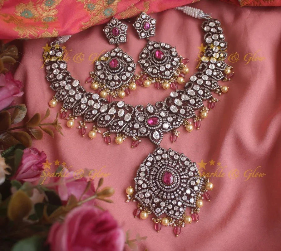 Stunning Floral Victorian AD necklace with pearls and pink beads - pink - Sparkle and Glow