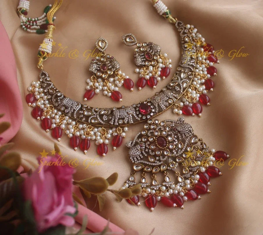 Exquisite Elephant carved Victorian AD necklace with pearls and red beads - Sparkle and Glow