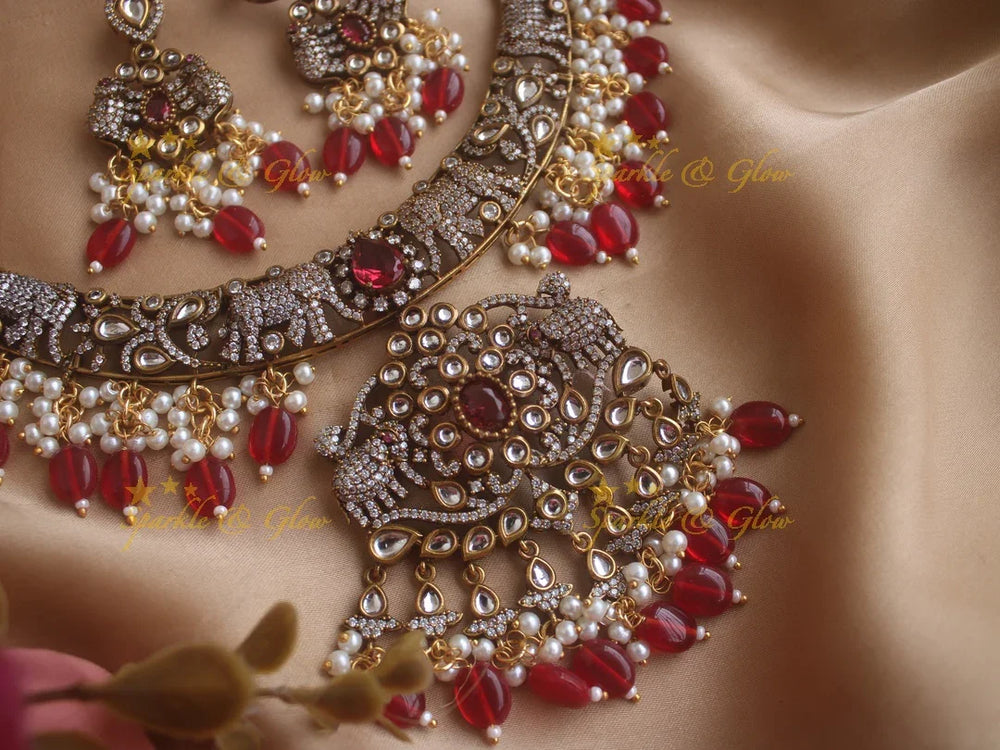 Exquisite Elephant carved Victorian AD necklace with pearls and red beads - Sparkle and Glow