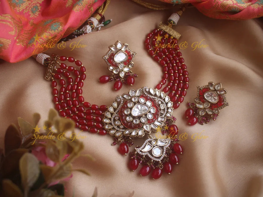 Stunning Victorian AD choker with multi layer red beads - Sparkle and Glow