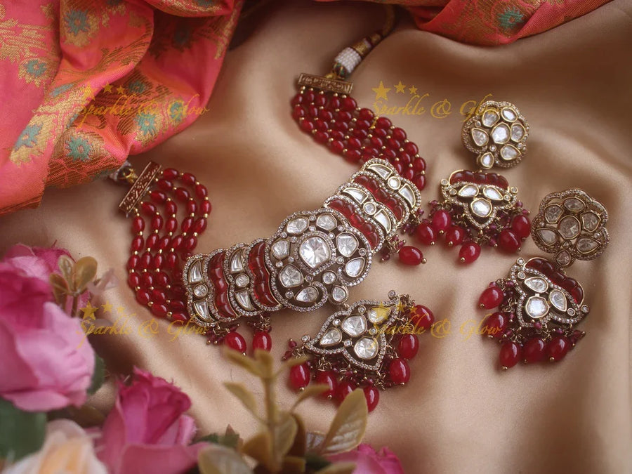 Beautiful Victorian AD choker with multi layer red beads - Sparkle and Glow