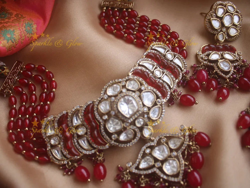 Beautiful Victorian AD choker with multi layer red beads - Sparkle and Glow