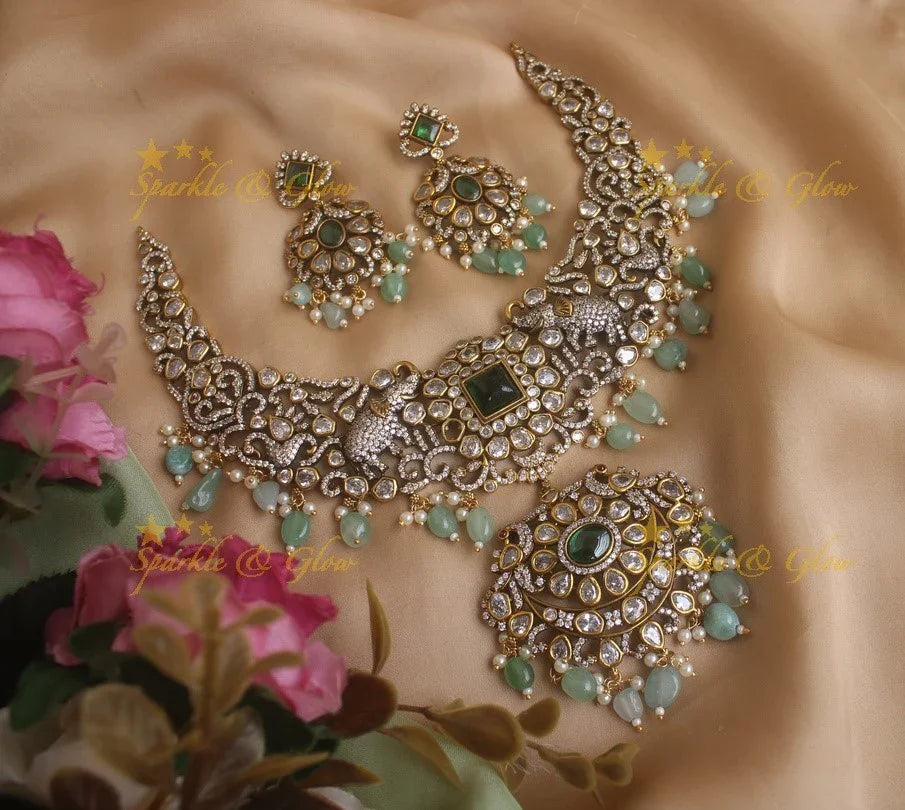Statement Elephant carved Victorian AD necklace with green stone and mint green beads - Sparkle and Glow