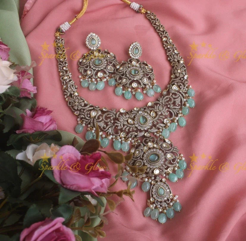 Gorgeous Floral Victorian AD haram with with Sea blue beads - Sparkle and Glow