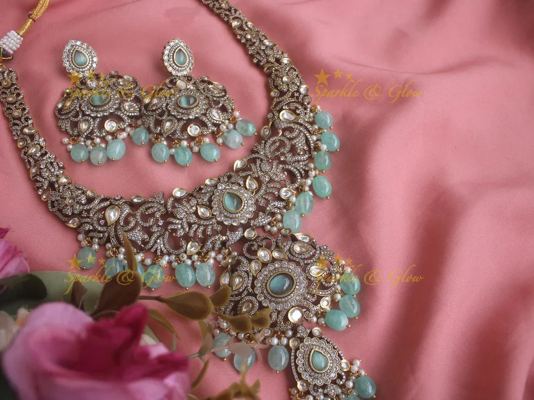 Gorgeous Floral Victorian AD haram with with Sea blue beads - Sparkle and Glow
