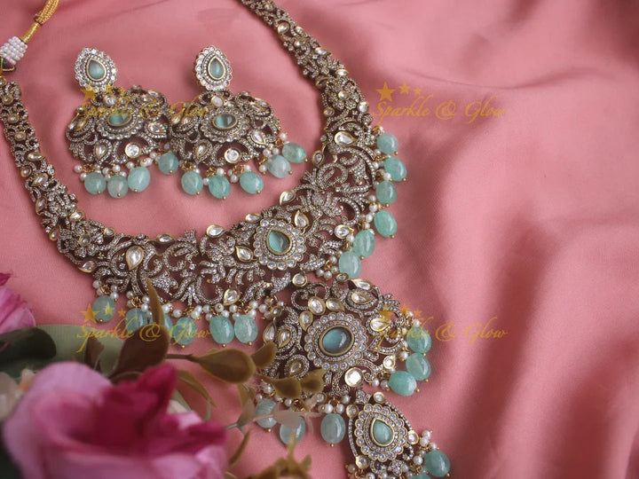 Gorgeous Floral Victorian AD haram with with Sea blue beads - Sparkle and Glow