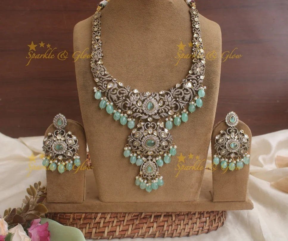 Gorgeous Floral Victorian AD haram with with Sea blue beads - Sparkle and Glow