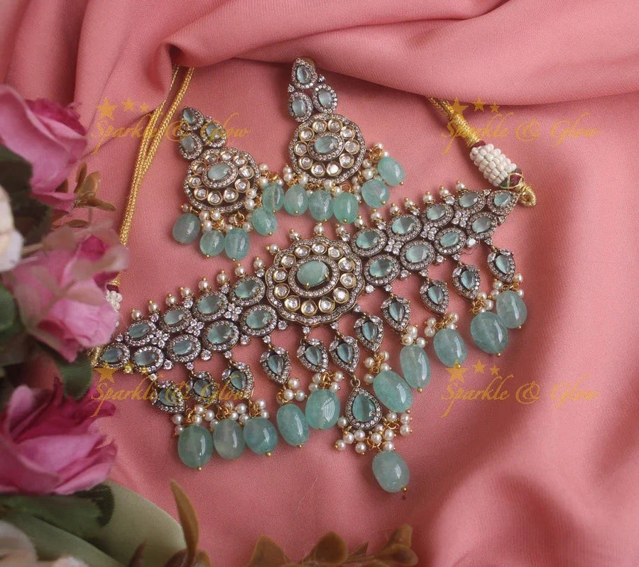 Beautiful Victorian AD choker with pearls sea blue stones and beads - Sea blue - Sparkle and Glow