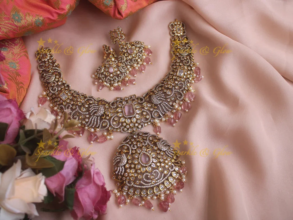Elegant peacock carved Victorian AD necklace with peach colour beads - peach - Sparkle and Glow