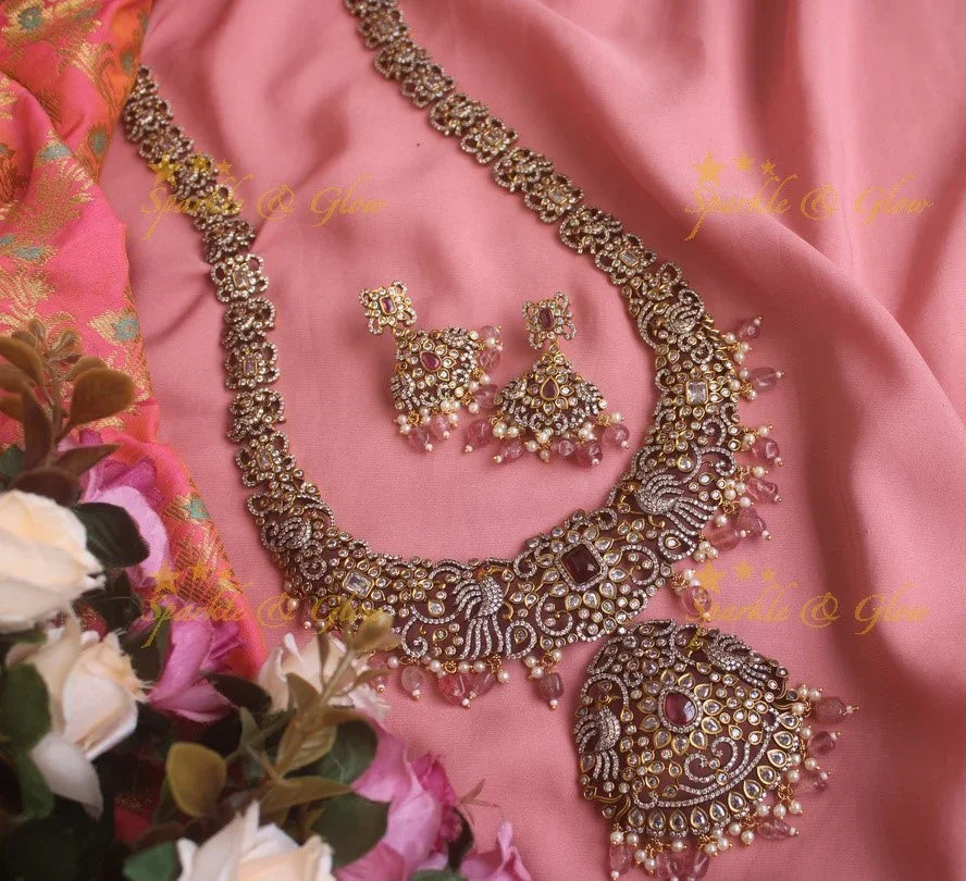 Gorgeous peacock carved Victorian AD haram with with mint green beads - Peach - Sparkle and Glow