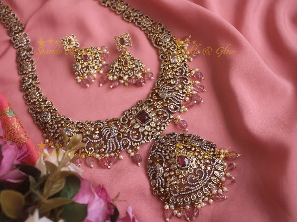 Gorgeous peacock carved Victorian AD haram with with mint green beads - Peach - Sparkle and Glow