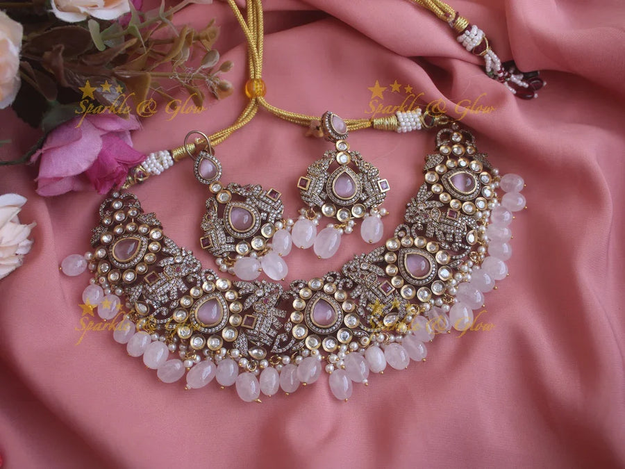 Beautiful Elephant carved Victorian AD necklace with baby pink stones and beads - Baby pink - Sparkle and Glow