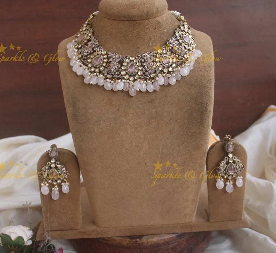 Beautiful Elephant carved Victorian AD necklace with baby pink stones and beads - Baby pink - Sparkle and Glow