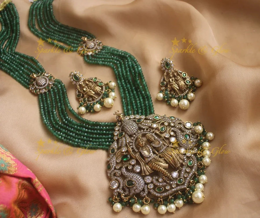 Exquisite Radha Krishna pendent Victorian AD haram with multi layer green beads chain - green - Sparkle and Glow