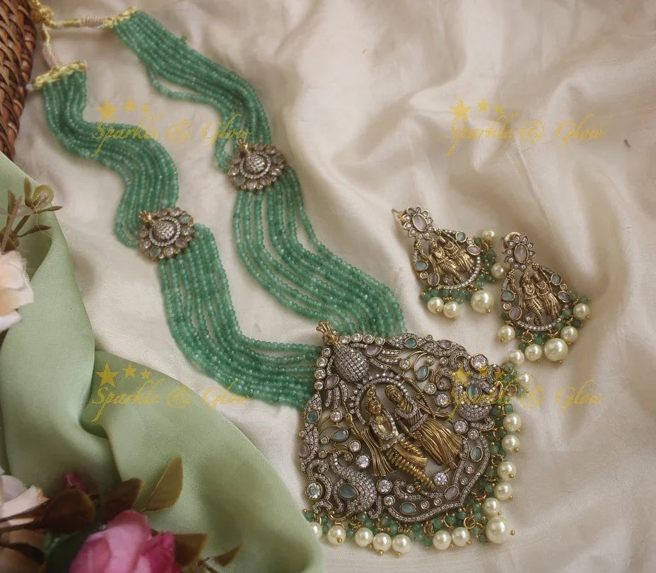 Exquisite Radha Krishna pendent Victorian AD haram with multi layer green beads chain - green - Sparkle and Glow