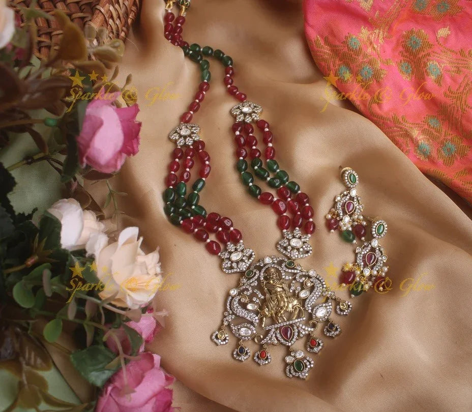 Elegant Krishna playing flute pendent Victorian AD haram with multi layer blue beads chain - blue - Sparkle and Glow