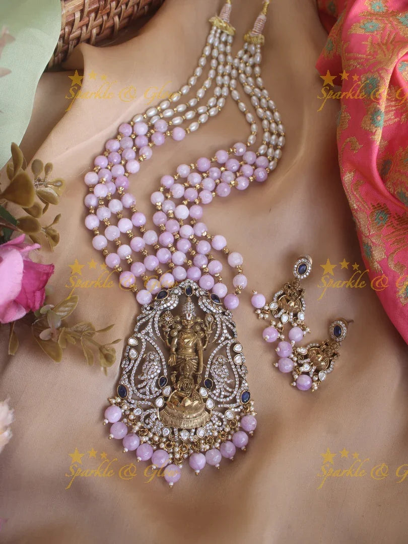 Grand tirupati balaji pendent Victorian AD haram with multi layer beads chain - white and lavender - Sparkle and Glow