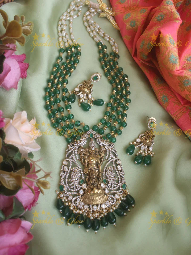 Grand tirupati balaji pendent Victorian AD haram with multi layer beads chain - white and lavender - Sparkle and Glow