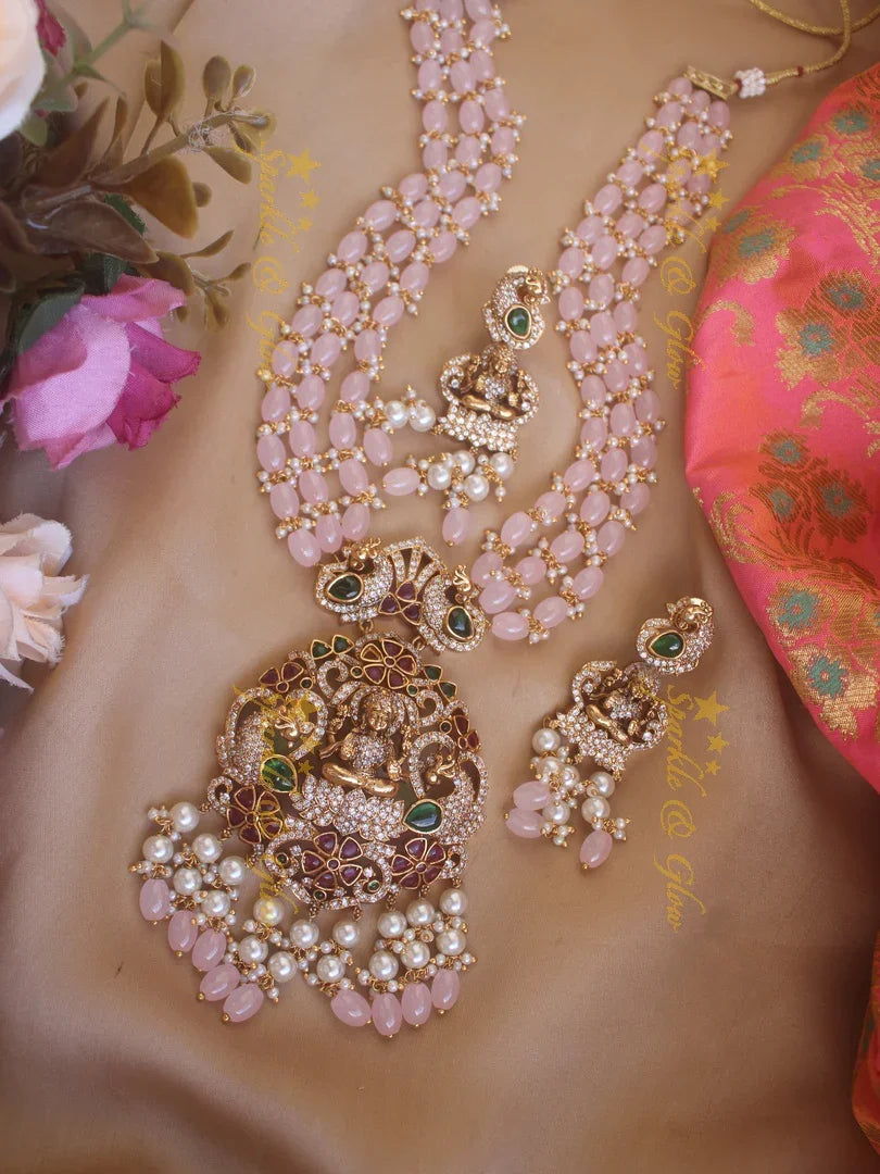 Gorgeous Lakshmi pendent with ruby emerald multi layer beads chain Victorian AD haram - baby pink - Sparkle and Glow