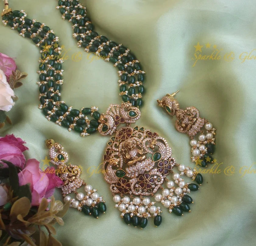 Gorgeous Lakshmi pendent with ruby emerald multi layer beads chain Victorian AD haram - baby pink - Sparkle and Glow