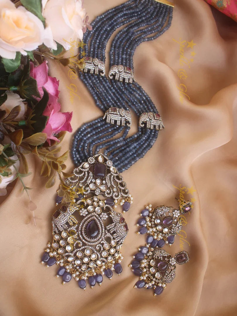 Gorgeous Elephant carved pendent with multi layer blue beads chain Victorian AD haram - blue - Sparkle and Glow