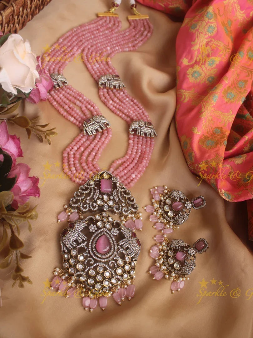 Gorgeous Elephant carved pendent with multi layer blue beads chain Victorian AD haram - blue - Sparkle and Glow