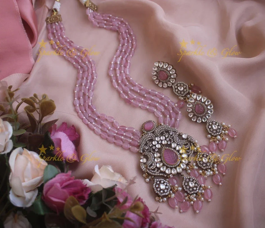 Stunning floral and leaf design pendent Victorian AD haram with multi layer baby pink beads chain - baby pink - Sparkle and Glow