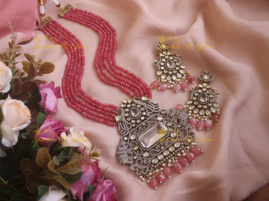 Grand Elephant peacock carved pendent Victorian AD haram with multi layer orange beads chain - Light Pink - Sparkle and Glow