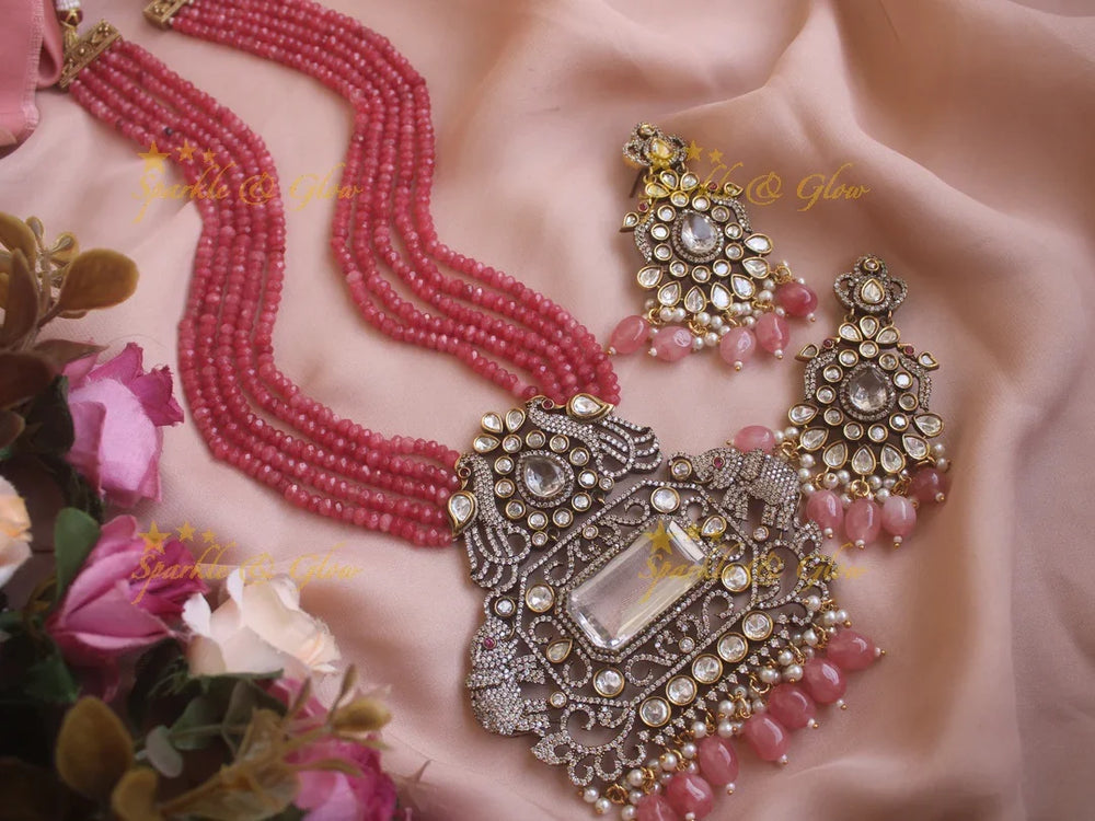 Grand Elephant peacock carved pendent Victorian AD haram with multi layer orange beads chain - Light Pink - Sparkle and Glow