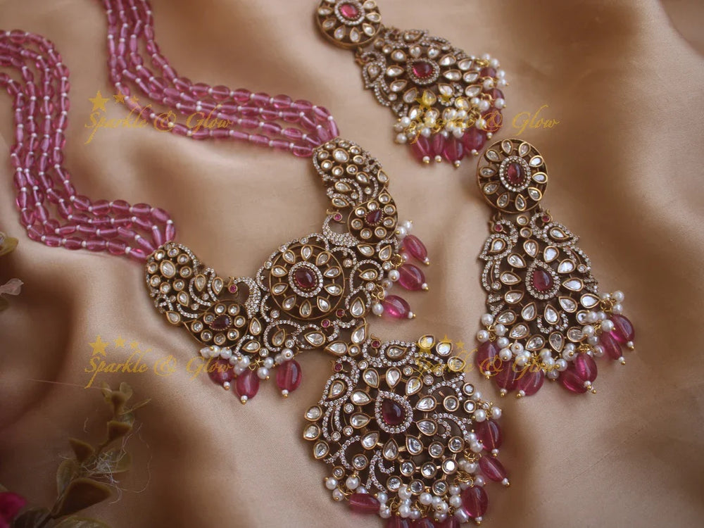 Exquisite grand Peacock pendent Victorian AD haram with multi layer pink beads chain - pink - Sparkle and Glow