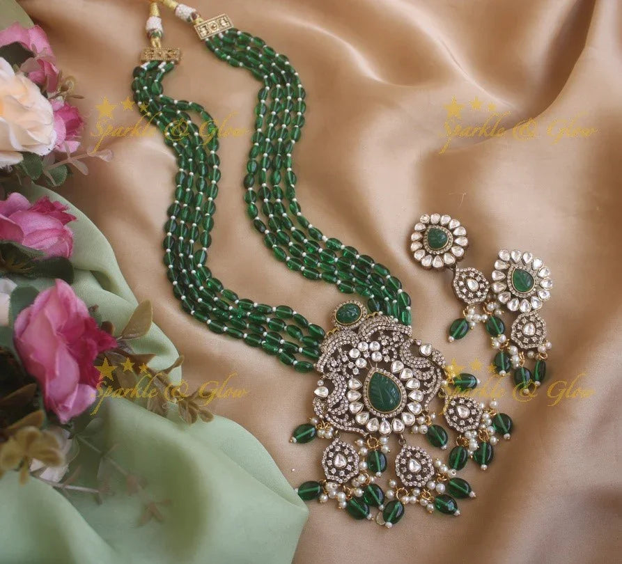 Stunning floral and leaf design pendent Victorian AD haram with multi layer baby pink beads chain - baby pink - Sparkle and Glow