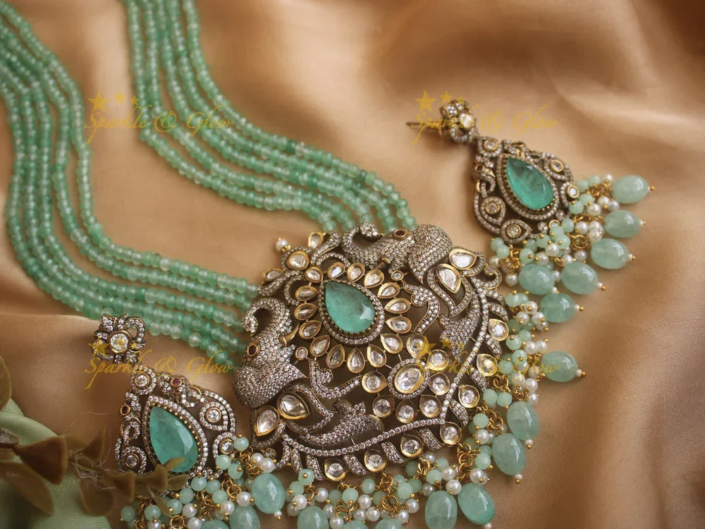 Statement elephant carved pendent Victorian AD haram with multi layer green beads chain - Sparkle and Glow