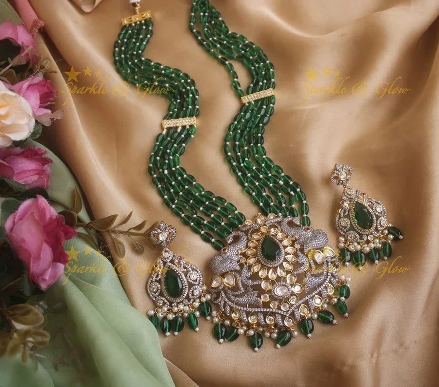 Beautiful Elephant carved pendent Victorian AD haram with multi layer green beads chain - green - Sparkle and Glow