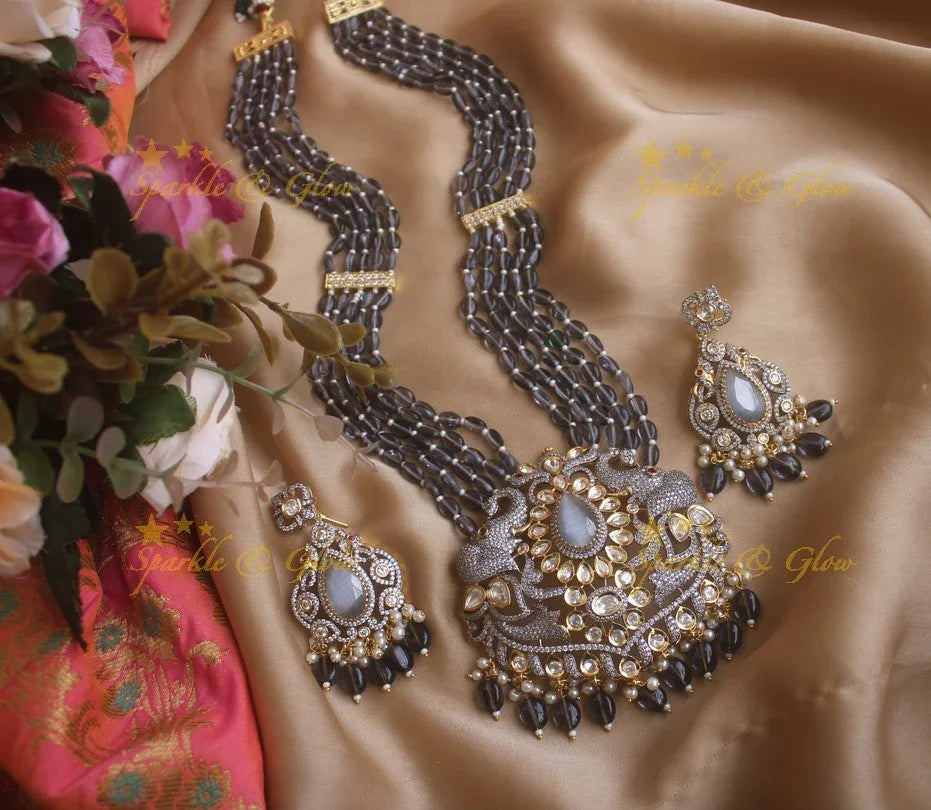 Beautiful Elephant carved pendent Victorian AD haram with multi layer green beads chain - green - Sparkle and Glow