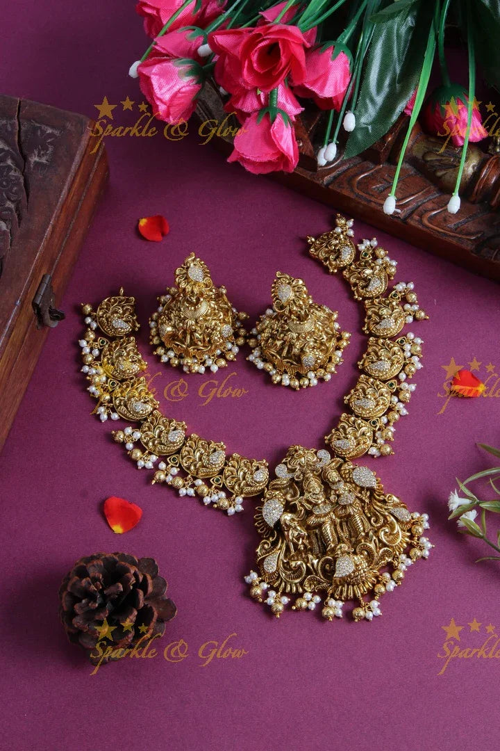 Exclusive Radha krishna and peacock short necklace with cz stones - Sparkle and Glow