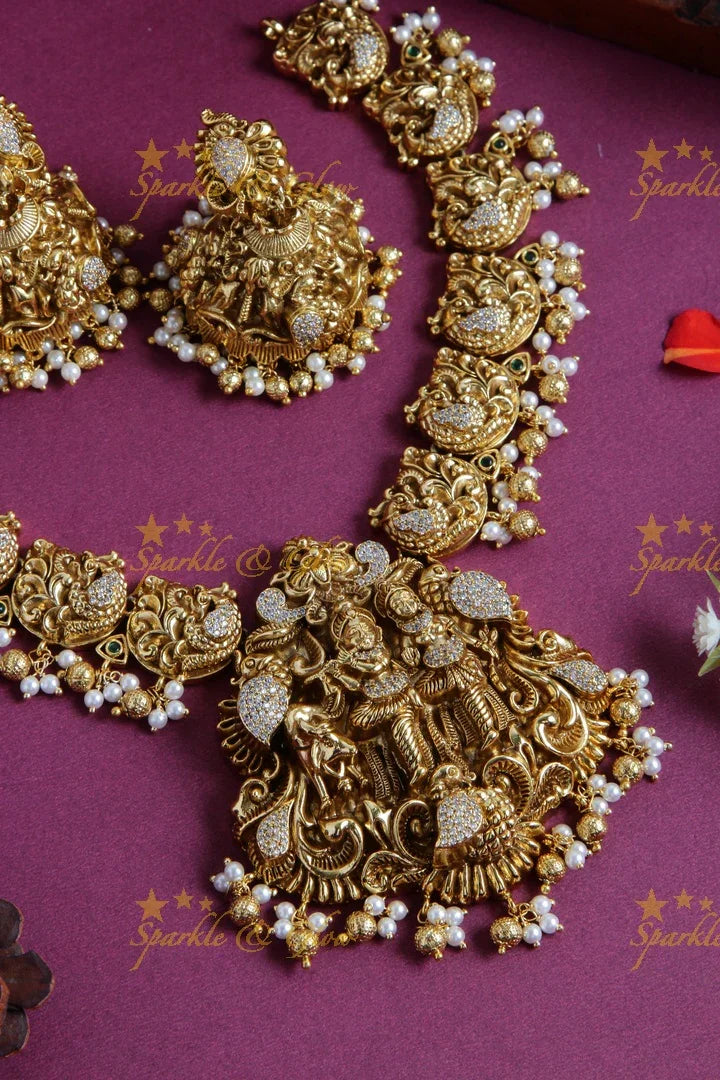 Exclusive Radha krishna and peacock short necklace with cz stones - Sparkle and Glow