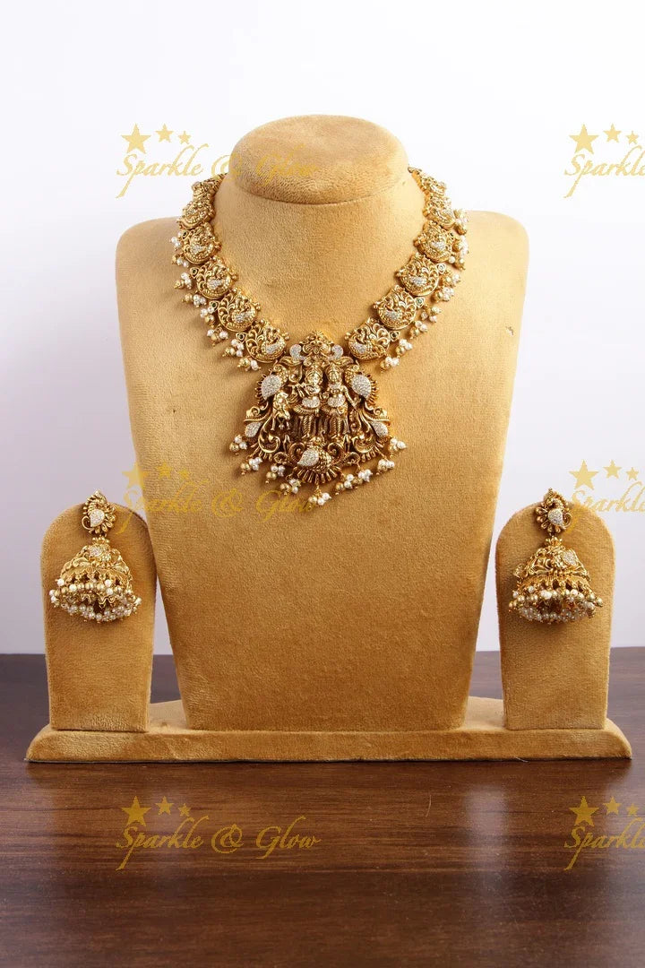 Exclusive Radha krishna and peacock short necklace with cz stones - Sparkle and Glow