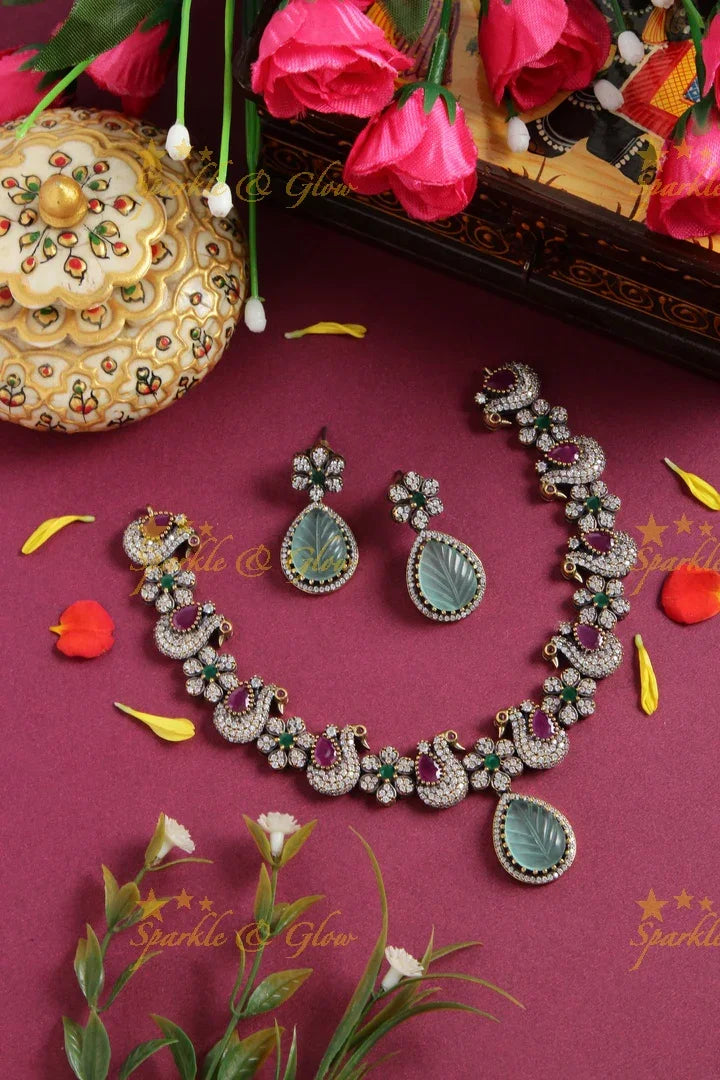 Statement peacock floral black finish Victorian AD choker - Mint green - Sparkle and Glow